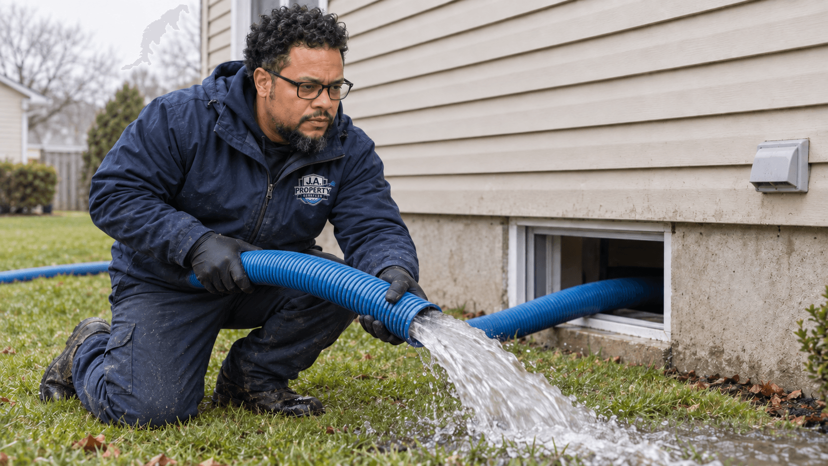 Owner-operated J.A. Property Services crew actively pumping water from a flooded basement